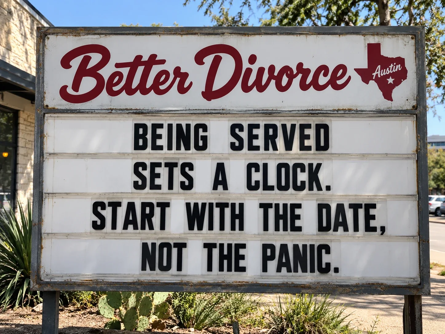 Better Divorce Austin marquee sign — entry point: Served.